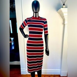 Striped Knit Midi Dress - Red, White, and Black